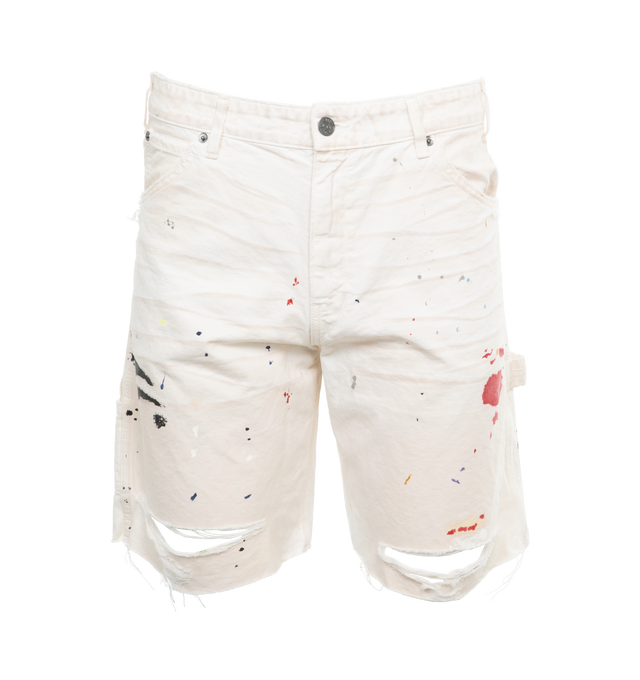 WHITE - GALLERY DEPT. Flea Carpenter Short featuring belt loops, hand panited, distressing, raw hem and zip and button fly. 100% cotton.