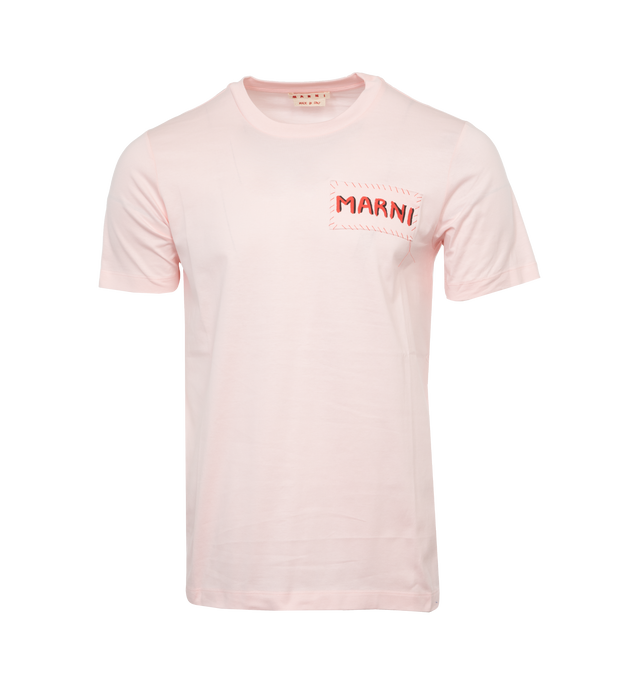Image 1 of 2 - PINK - MARNI Patch T-Shirt featuring rib knit crewneck, logo patch at chest and contrast stitching. 100% cotton. Made in Italy. 