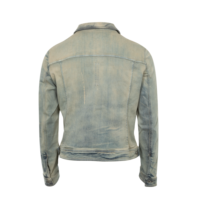 Image 2 of 2 - BLUE - DARK SHADOW Trucker Jacket featuring front button closure, button cuffs, side adjustable button tabs at hem, stonewashed and two breast button flap pockets. 91% cotton, 6% elastomultiestere, 3% elastodiene. Made in Italy. 