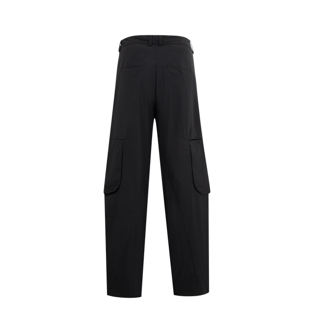 Image 2 of 3 - BLACK - JACQUEMUS Molino Cargo Pants featuring mid-high rise, lightweight technical fabric, wide curved leg, rounded seams, hidden snap button and zip fly, belt loops including a "J" loop, side-seam pockets, gusseted cargo pockets and slit pockets in the back. 96% polyamide, 4% polyurethane. Lining: 55% cotton, 45% polyester. Made in France. 