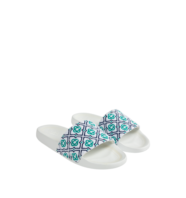 Image 2 of 4 - BLUE - Casablanca terry sliders are crafted from an embroidered terry fabric and feature the house's diamond logo and signature Laurel artwork on its uppers. Completed with padded rubber soles. 100% polyester with 80% polyester 20% cotton lining. Made in Portugal. 