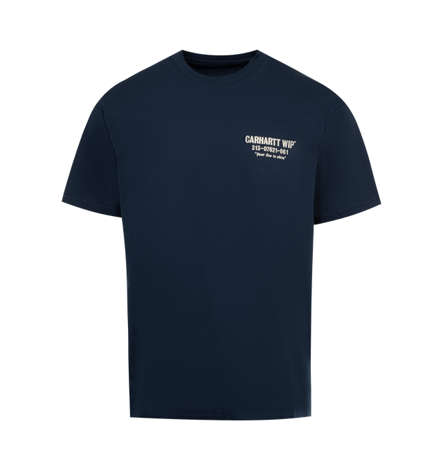 Image 1 of 2 - BLUE - CARHARTT WIP Less Troubles T-Shirt featuring lightweight 175 gsm organic cotton, rib knit crewneck, logo and text printed at chest and logo graphic and text printed at back. 100% organic cotton. Made in Bulgaria. 