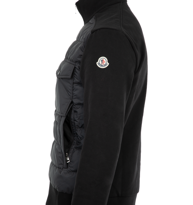 Image 3 of 3 - BLACK - Moncler Zip-Up Chest Pocket Cardigan has a 2-way zipper front, button flap chest pockets, side pockets, mixed materials, and ribbed cuffs and hem.  