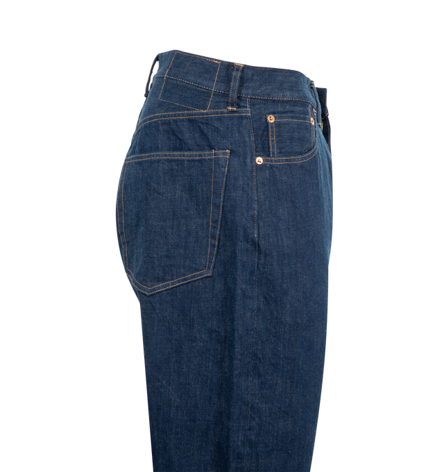 Image 3 of 3 - BLUE - KAPTAIN SUNSHINE 5 Pocket Zipper Front Denim Pants featuring East Coast wide fit, wide in the thigh and tapered throughout with a relaxed fit, 13.5 ounces of selvedge denim, zip fly and 5-pocket construction. 100% cotton. Made in Japan. 