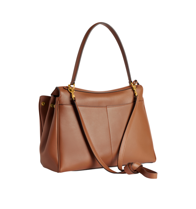 Image 3 of 5 - BROWN - BALENCIAGA Rodeo Top Handle Bag featuring a turn lock closure, a single top handle for hand carrying, an adjustable shoulder strap, side snaps, brass feet, a removable leather keychain holder, a wide front pocket and an interior zipper pocket. 13.8 X 9.2 X 4.3 inches. 100% calfskin. Made in Italy.  
