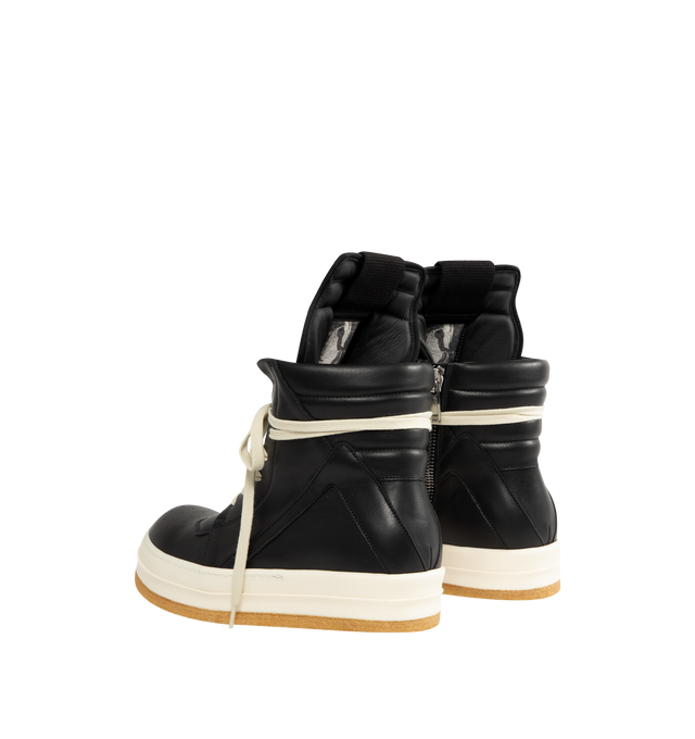 Image 3 of 4 - BLACK - Rick Owens Men's Creep Geobasket shoes crafted from full-grain cow leather. Above-ankle height featuring an extended toungue with webbing tab, signature geometric panels, a padded back counter with lines of top-stitching, zipper on the inside ankles for easy fastening, and a natural creeper 3.5cm high sole. 100% cow leather upper, 100% calf leather lining and insole, 100% thermoplastic rubber sole. Made in Italy. 