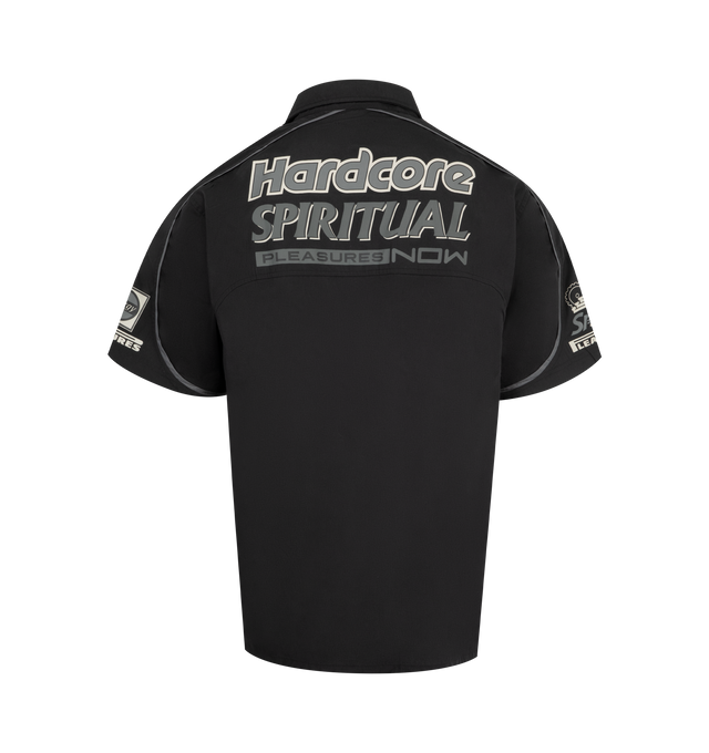Image 2 of 2 - BLACK - PLEASURES Terror Button Up featuring short sleeves, button front closure, collar, front chest pocket, embroidery and patches throughout. 70% polyester, 30% cotton. 