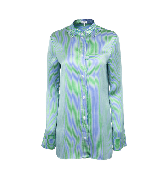 Image 1 of 3 - BLUE - LOEWE Striped Shirt featuring relaxed fit, regular length, placed digital stripe print with trompe loeil collar, cuffs and placket, stand collar, concealed button front fastening, box pleat at the back, straight hem and split sides. Viscose/silk. 