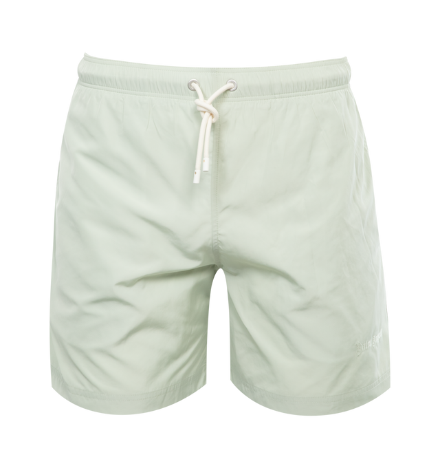 Image 1 of 3 - GREEN - PALM ANGELS Classic Logo Swimshorts featuring embroidered logo to the side, elasticated drawstring waistband, two side slash pockets and one rear flap pocket. 100% polyester.  