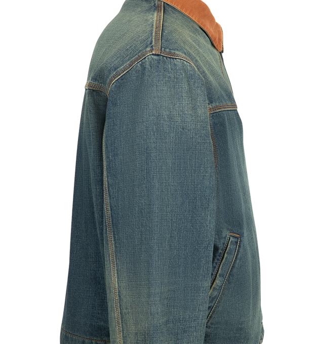 Image 3 of 3 - BLUE - Balenciaga Men's Workwear Jacket is crafted from a dirty vintage blue denim and features a brown cotton corduroy collar, dropped shoulders, and a double-ended zip closure. Designed with two front slash pockets, a straight hem, and a grey Balenciaga logo leather patch at the interior. Main Material: 100% Cotton. Collar: 100% Cotton Corduroy. Lining: 100% Cotton. Pocket Lining: 65% Polyester, 35% Cotton. Filling: 60% Silk, 40% Polyactide. Embroidery: 100% Polyester. Leather Detail: Cowsk 