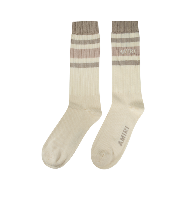 Image 2 of 2 - NEUTRAL - AMIRI Stack Stripe Chunky Knit Crew Socks featuring the Amiri Stack motif with stripe detailing, ribbed cuff to prevent slipping and reinforced toe and heel.38% wool, 10% cashmere, 28% viscose, 22% polyamide, 2% elastane. Made in Italy. 