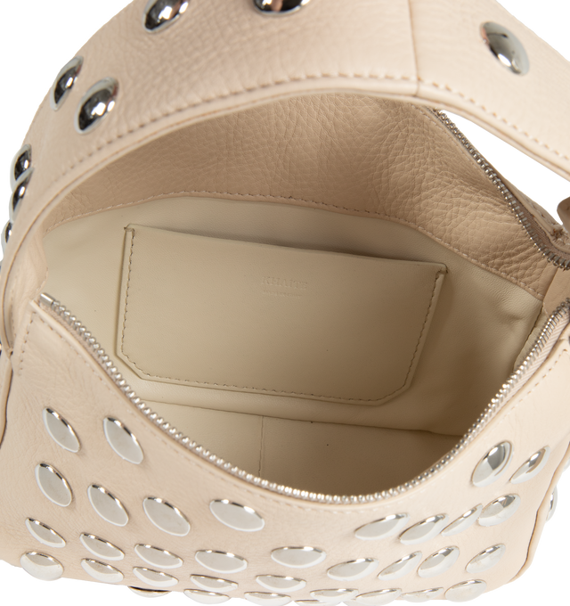 Image 3 of 3 - NEUTRAL - KHAITE Elena Small Handbag with Silver Studs featuring a sculptural, studded interpretation of a classic box bag at a compact scale. With integrated strap, zippered top, and internal slip pocket. 5 in x 2.75 in x 7.5 in. Handle drop: 4 in. 100% calfskin. Zamac studs, nappa lining. 