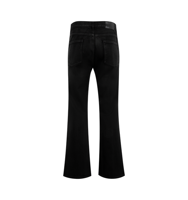 Image 2 of 3 - BLACK - Midnight Rodeo Waxed Boot Cut Trousers are a 4-pocket style with a zipper fly, a light waxed coating that will become more apparent over time, and a leather logo patch at the back. 95% cotton, 5% polyester. 