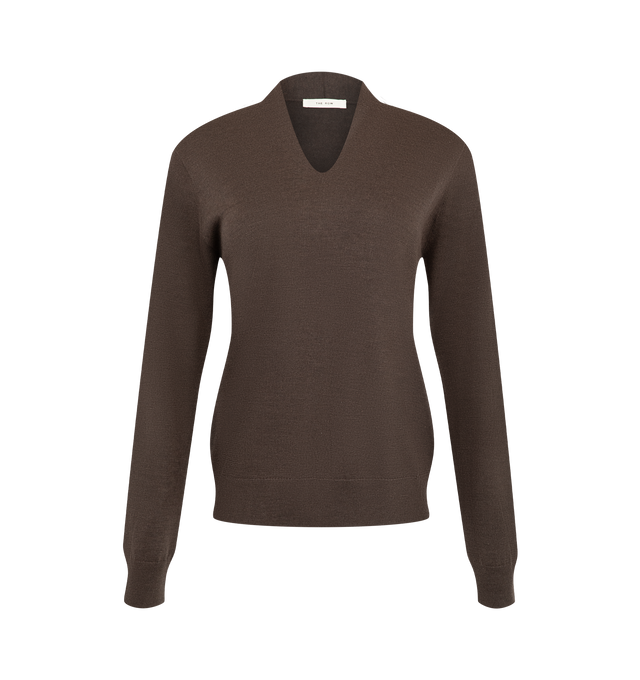 Image 1 of 2 - BROWN - The Row Women's Piro Top is a Long-sleeved v-neck top in lightweight cashmere and silk with clean neckline finish and ribbed cuffs and hem. This style has a relaxed, fluid fit. Lightweight cashmere and silk yarn that is finely spun and knit The Row Women's Piro Sweater is crafted from a luxurious blend of cashmere and silk and features a lightweight silhouette with a flattering V-neckline, long sleeves, and finely ribbed cuffs and hem. Designed with a clean neckline finish and an exce 