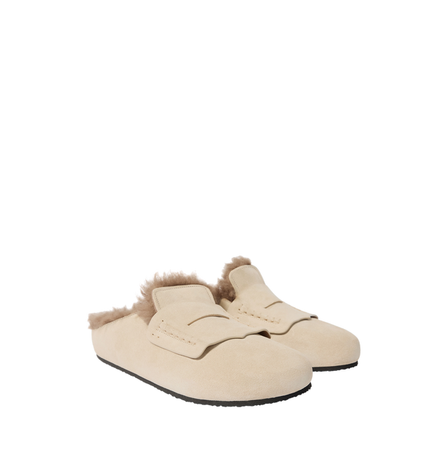 Image 2 of 3 - BROWN - JACQUEMUS Mocassins Mules featuring slip-on loafers in suede shearling, exterior in suede, round toe, wide penny-keeper, exposed hand-stitched seams, anatomical sole, embossed logo on insole and shearling insole and lining. 100% calf leather. Outsole: 100% cork. Made in Portugal. 