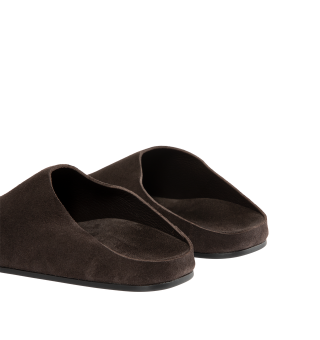 Image 3 of 4 - BROWN - The Row Women's Hudson Slide in Suede featuring relaxed slip-on shoe in natural suede with round toe, contoured footbed, and rubber sole. 100% calfskin leather. Rubber sole. Made in Italy. 