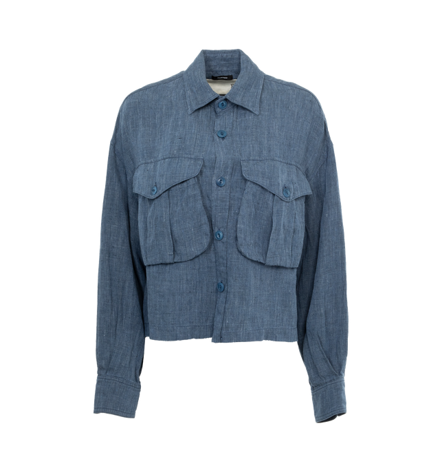 BLUE - R13 Cropped shirt in indigo blue Italian melange linen feauring 2 bellow pockets. Made in USA. 100% linen.