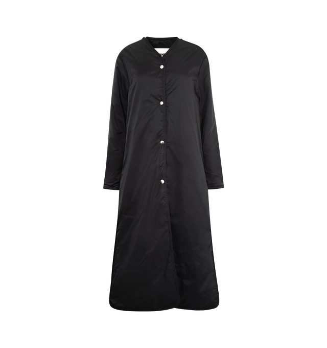 Image 2 of 4 - NAVY - MONCLER GENIUS X JIL SANDER Barrelene 3-in-1 Wool Coat featuring double wool, viscose lining, detachable down-filled nylon inner with snap button closure, button closure and detachable metal logo pin. 100% virgin wool. Lining: 100% viscose/rayon. 100% polyamide/nylon. Padding: 90% down, 10% feather. Made in Italy. 