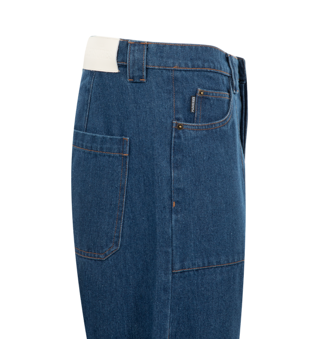 Image 3 of 3 - BLUE - Pleasures Grind Baggy Jeans feature a baggy fit with a zip fly and button closure, side pockets, a snap closure cargo pocket, rear patch pockets, and an embroidered logo.  