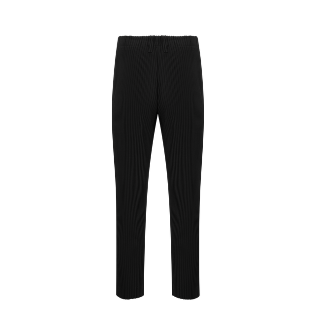 Image 2 of 3 - BLACK - ISSEY MIYAKE Basics Pants featuring signature pleated style, straight fit, lightweight fabric, breathable polyester, elastic waistband and button fly. 100% polyester. Made in Philippines. 