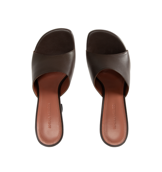 Image 4 of 4 - BROWN - AMINA MUADDI Taylor Slipper featuring rounded open toe and 90mm slanted heel. 100% lambskin. Made in Italy. 