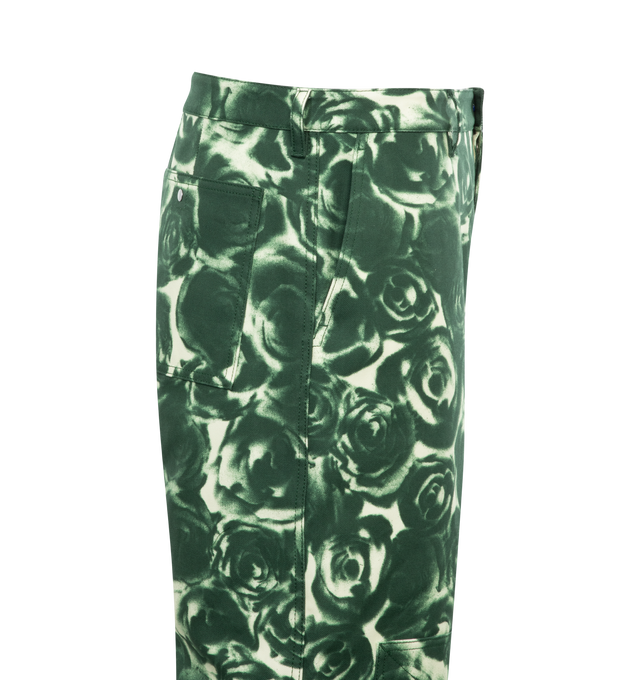 Image 3 of 3 - GREEN - BURBERRY Rose Waxed Cotton Trousers featuring relaxed fit, printed rose pattern, press-stud tabs at the cuffs, button and zip closure, press-stud side adjusters and tab cuffs, side slip pockets and back press-stud pockets. 100% cotton. 