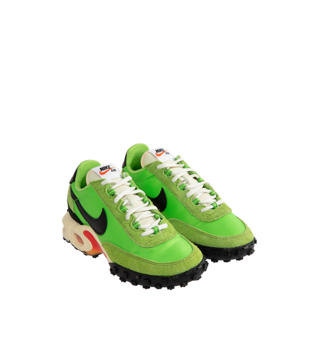 Image 2 of 5 - GREEN - Nike Air Max Waffle SP sneakers with Action Green and Total Orange Textile upper with suede overlays, leather swoosh and heel tab. Featuring air cushioning, foam midsole and textured rubber outsole.  