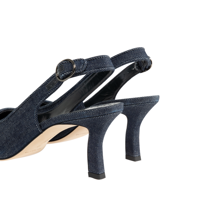 Image 3 of 4 - BLUE - MANOLO BLAHNIK Chambray Slingbacks featuring flared block high heel, slingback with buckle and peep toe. 100% cotton. Heel measures 70 mm. Made in Italy. 