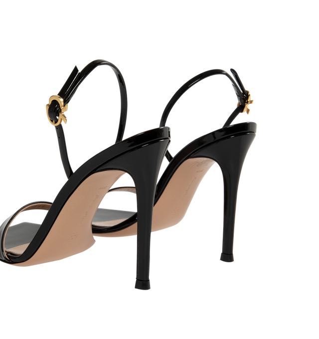 Image 3 of 4 - BLACK - GIANVITO ROSSI Ribbon Stiletto featuring adjustable slingback strap with gold-tone ribbon buckle closure, rubber tap heel and angled square toe. Patent leather upper with leather sole. 4 inch heel. 