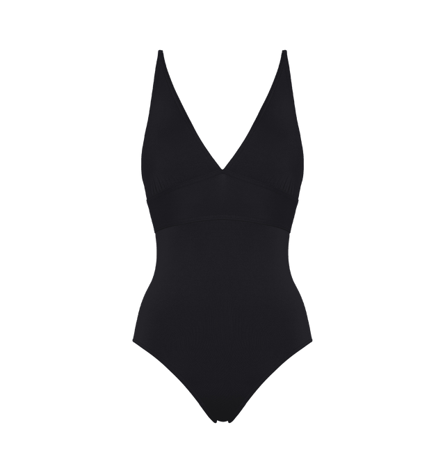 Image 1 of 6 - BLACK - ERES Larcin One-Piece Triangle Swimsuit featuring thin straps, V-neckline and underbust seam. 84% Polyamid, 16% Spandex. Made in France. 