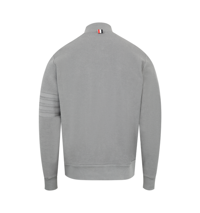 Image 2 of 2 - GREY - THOM BROWNE Reverse Loopback 4 Bar Jacket featuring front zip closure, funnel neck, 4-bar detailing, name tag applique, side slip pockets and signature striped grosgrain loop tab. 100% cotton. Made in Italy. 