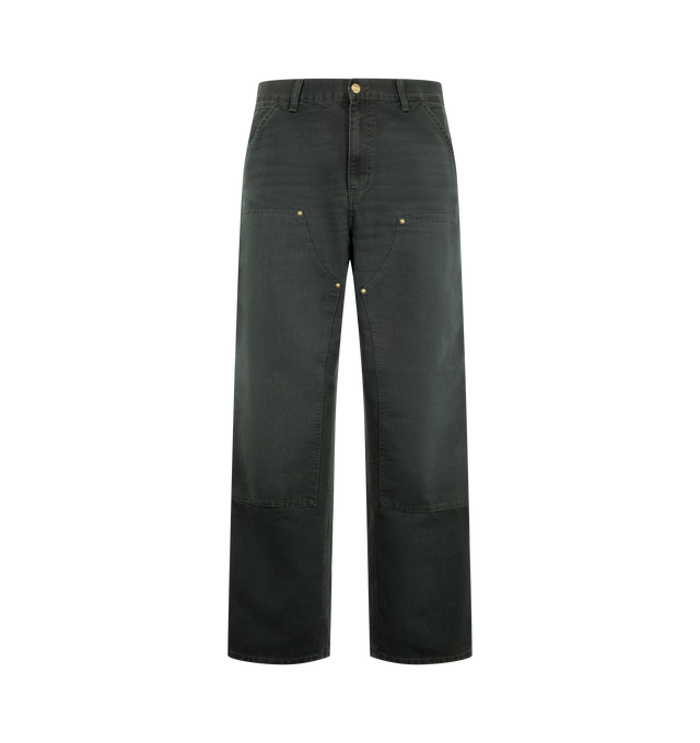 Image 1 of 3 - GREY - Carhartt WIP Double Knee Work Pants are crafted in a heavyweight canvas material in a loose straight fit. Featuring a double-layer knees, zip fly with button closure, front slant pockets, tool pocket, back patch pockets and hammer loop. Main Material: Cotton Canvas.  