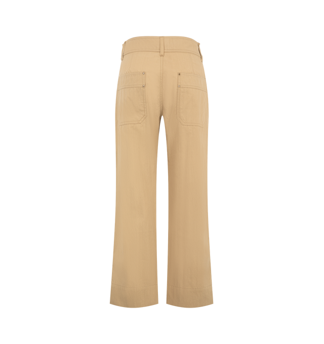 Image 2 of 3 - NEUTRAL - Isabel Marant Womens Amandine Pants are crafted from textured cotton blend fabric. Feature a slim straight fit, concealed front closure with zip and horn buttons, flat front pleats, large side pockets, flat back pockets, waistband with double belt loops, metal rivet detailing, and tonal double topstitching. Main Material: 74% Cotton, 26% Polyamide. Made in Morocco. 