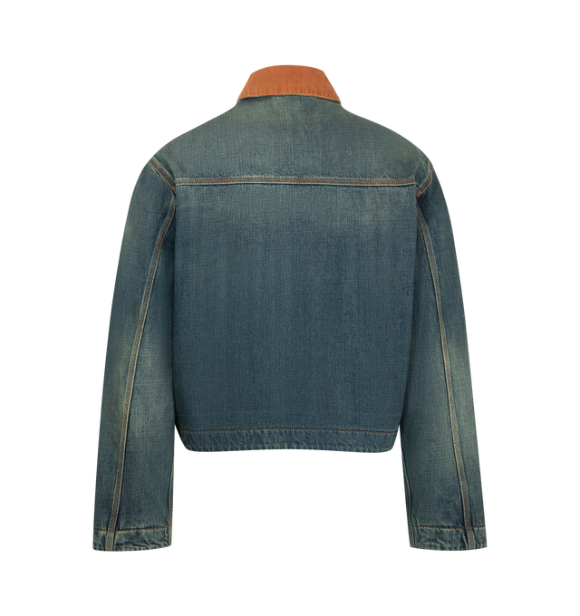 Image 2 of 3 - BLUE - Balenciaga Men's Workwear Jacket is crafted from a dirty vintage blue denim and features a brown cotton corduroy collar, dropped shoulders, and a double-ended zip closure. Designed with two front slash pockets, a straight hem, and a grey Balenciaga logo leather patch at the interior. Main Material: 100% Cotton. Collar: 100% Cotton Corduroy. Lining: 100% Cotton. Pocket Lining: 65% Polyester, 35% Cotton. Filling: 60% Silk, 40% Polyactide. Embroidery: 100% Polyester. Leather Detail: Cowsk 