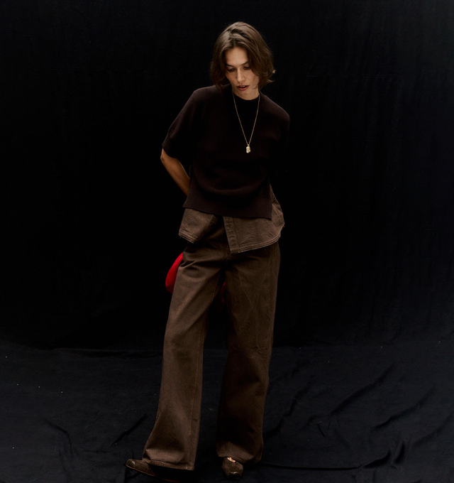 Image 2 of 4 - BROWN - SACAI Denim Pants featuring wide-leg, cotton denim design and a spliced nylon double-waistband, belt loops, side slit pockets with flap, 2 back welt pockets, adjustable waist and zip fly. 100% cotton. 100% nylon. Made in Japan. 