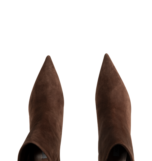 Image 4 of 4 - BROWN - Aquazzura Women's Harper Bootie 85 is crafted from smooth suede and features a sleek ankle-high silhouette with a pointed toe for an elegant, elongated profile. Designed in an easy pull-on style, these designer booties are set on an 85mm heel and finished with a soft leather lining and durable calf leather sole. Upper: Suede. Lining: Leather. Sole: Calf Leather. Heel Height: 85 mm / 3.3 in. Closure: Pull-On. Toe: Pointed. Made in Italy. 