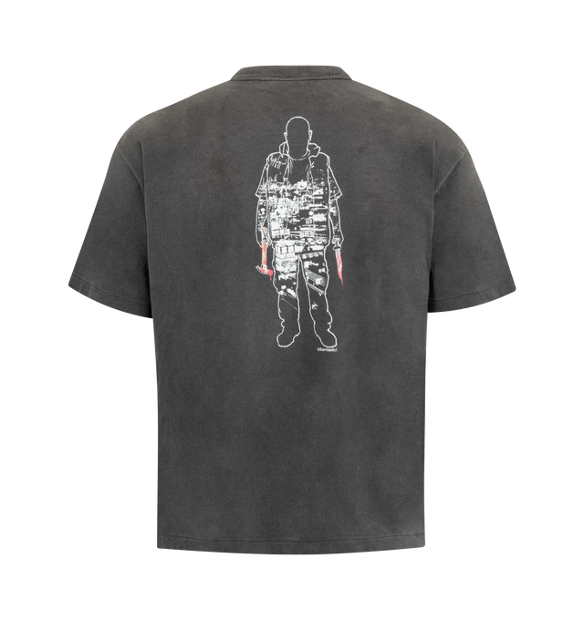 Image 2 of 2 - BLACK - SAINT MICHAEL GS Tee featuring worn-in and distressed design, ribbed crewneck, short sleeves and graphic print on front and back. 100% cotton. Made in Japan.  