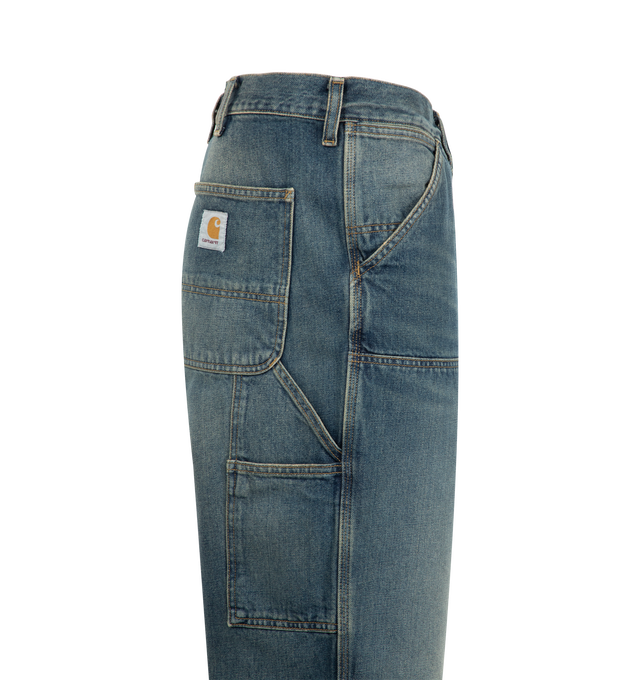 Image 3 of 3 - BLUE - CARHARTT WIP Double Knee Carpenter Pants featuring double-layer knees, zip fly with button closure, front slant pockets, tool pocket, back patch pockets and hammer loop. 100% cotton. 