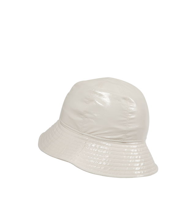 Image 2 of 2 - WHITE - Moncler Glossy Bucket Hat has a vinyl-like effect finish and a logo patch. Lined. Made in Italy.  