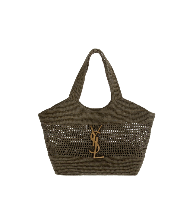 Image 1 of 3 - BROWN - Saint Laurent Womens Icare Medium Bag is crafted from crocheted raffia. Features a spacious silhouette, top handles, bronze-tone hardware, and multiple carry options. Main Material: Raffia; Hardware: Brass. Made in Madagascar. 