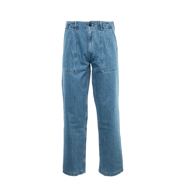 Image 1 of 3 - BLUE - NOAH Denim Pleated Fatigue Pants featuring Japanese denim, patch pockets on front with pleat, zip-fly and button-closure, patch flap pockets with button-closure on back. 100% cotton. Made in Portugal.  