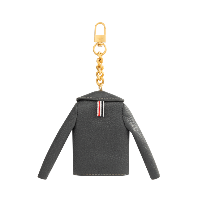 Image 2 of 2 - GREY - THOM BROWNE Classic Jacket Charm featuring soft lamb leather, classic jacket silhouette complete with notched lapels and flap pockets, loop chain with clasp fastening and RWB striped interior. L 7 x W 1 x H 7 cm. 100% lamb leather. Made in Italy. 