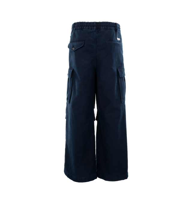 Image 2 of 3 - NAVY - MARNI Cargo-Pocket Trousers featuring logo patch to the rear, belt loops, elasticated waistband, front button fastening, two side slit pockets, two side cargo pockets, rear flap pocket and drawstring cuffs. 100% cotton. 