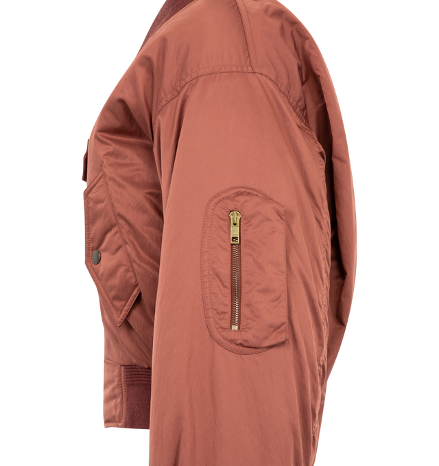 Image 3 of 3 - RED - Chlo Womens Bomber Jacket is crafted from recycled nylon blend fabric. Features a straight fit, oversized collar, front zip closure with snap-button tab, ribbed trims, front flap pockets with snap-button closures, and a zippered sleeve pocket. Main Material: 58% Polyester, 42% Polyamide; Lining: 100% Polyester; Collar & Cuffs: 88% Wool, 9% Polyamide, 3% Elastane. Made in Italy. 