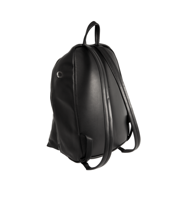 Image 2 of 3 - BLACK - RICK OWENS Leather Backpack featuring LWG-certified pebble-grained calfskin, rolled carry handle, adjustable padded shoulder straps, logo embossed at face, two-way zip pocket, D-ring at side, two-way zip closure, padded laptop compartment at interior and grained leather lining. H17" x W12" x D8". 100% calfskin. Made in Italy. 