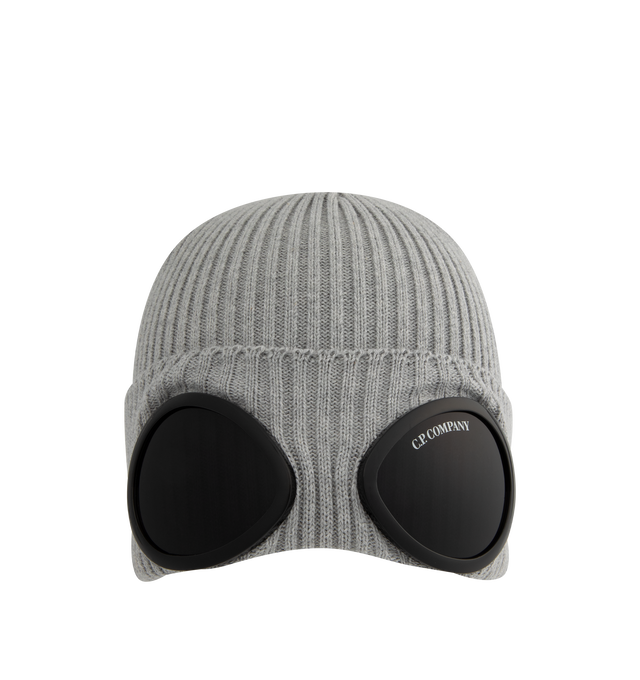 Image 1 of 2 - GREY - C.P. Company Goggle Beanie features the brand's goggle detail, a ribbed knit design, and a turned-up brim. 100% cotton. Made in Italy. 