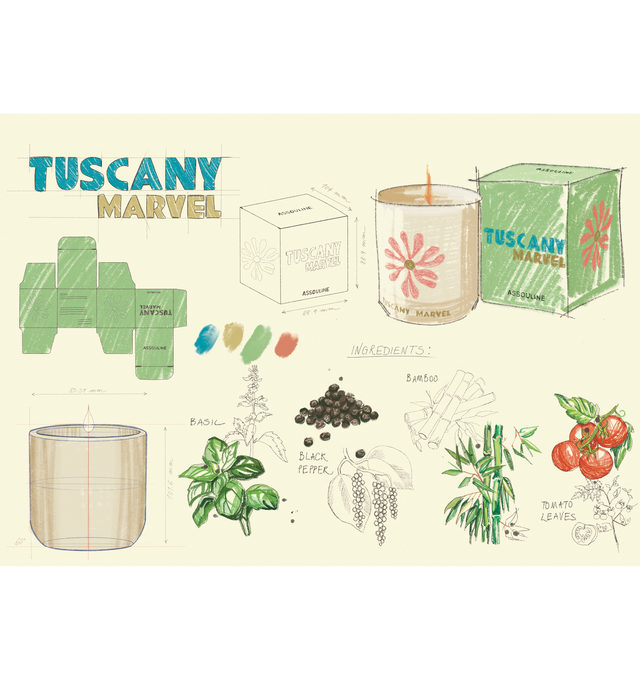 Image 6 of 6 - MULTI - Assouline Travel From Home Tuscany Marvel candle. Tuscany's rolling hills unfold with crispy notes of basil and black pepper, harmonizing with the earthy aroma of tomato leaves and a warm amber finish that captivates the spirit of la dolce vita.Material: Ceramic Vessel. Wax Family: Soy, Coco, Paraffin Blend. Approximate Burn Time: 50 Hours. Weight: 11.25 oz (318.02 g). Dimensions: 4 x 3.37 in (10.16 x 8.56 cm). 