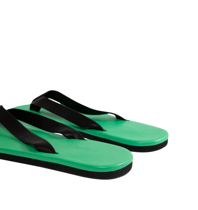 Image 3 of 4 - GREEN - AURALEE Leather Tong Flip-Flops featuring open toe, thong-style strap at vamp, logo embossed at padded leather footbed, stacked leather heel with rubber injection and leather sole. Upper: leather. Sole: leather, rubber.  