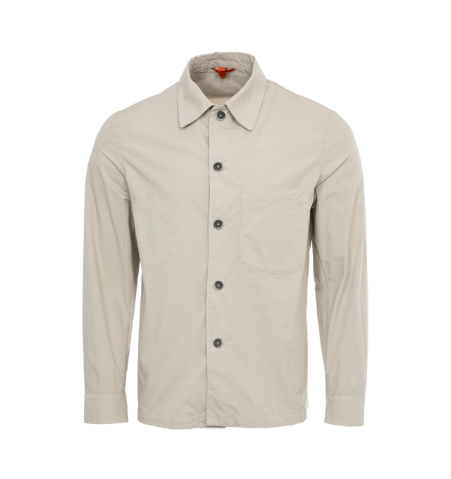 Image 1 of 3 - NEUTRAL - BARENA VENEZIA Utilitarian Overshirt brnings a tailor touch to a classic workwear silhouette. It features a regular length and fit, long sleeves, patch chest pocket,full button closure,buttoned cuffs and pointed collar. Parachute stretch cotton, garment dyed. 97% Cotton 3% Elastane. 