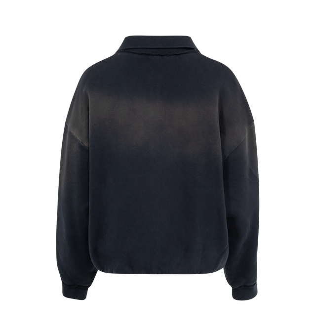 Image 2 of 2 - NAVY - ACNE STUDIOS Logo Sweater featuring relaxed-fit, cotton fleece, garment-dyed fading throughout, raw edge at rib-knit stand collar and cuffs, half-zip closure, embroidered logo at front, elasticized hem, dropped shoulders and logo-engraved hardware. 100% cotton. Made in Portugal. 